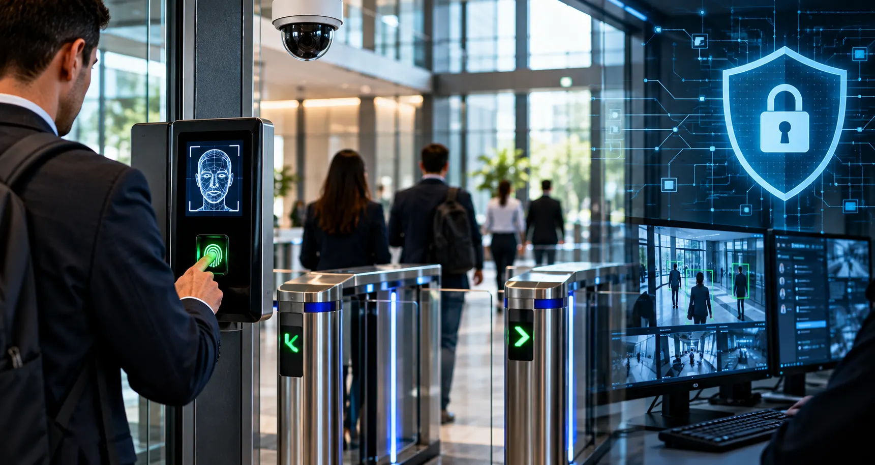 Segurança Biométrica no Lobby Corporativo Sistema moderno de controle de acesso corporativo com biometria, catracas eletrônicas e tecnologias de segurança digital.